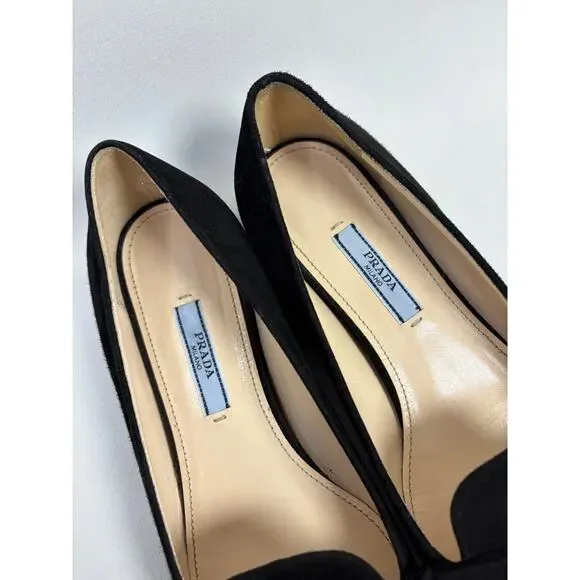 PRADA Black Suede Prada Signature Logo Bow Flat Slipper Shoes Size 37.5 - Picture 6 of 10